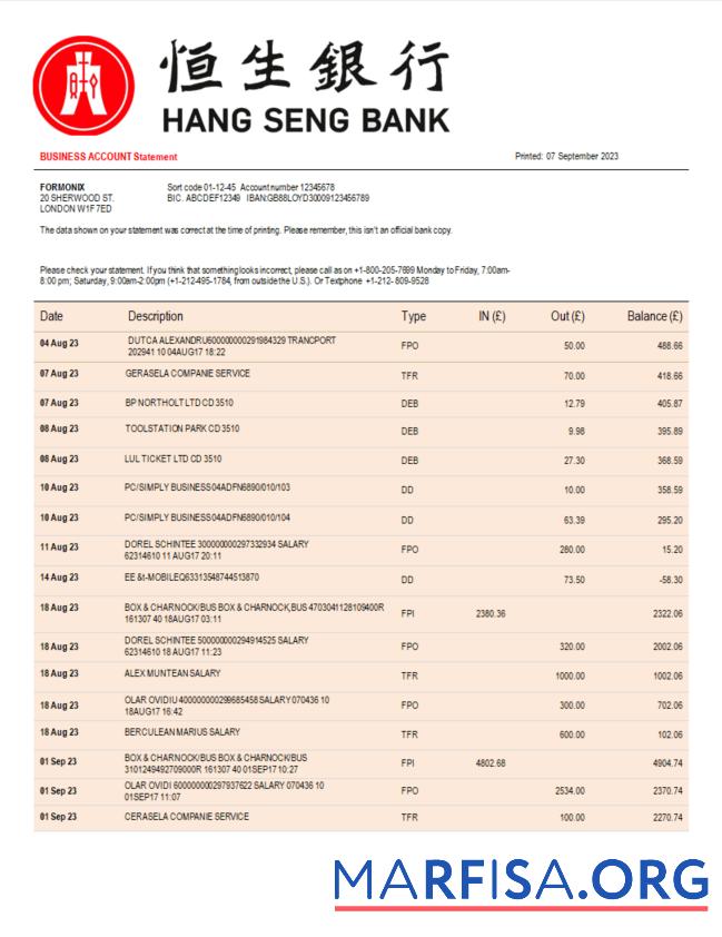 Downloadable Hang Seng Bank corporate checking account statement Word and PDF template